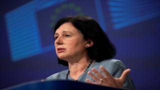 European Commissioner for Values and Transparency Vera Jourova gives an online press conference following a weekly College of Commissioners meeting at EU headquarters in Brussels, on June 10, 2020. (Photo by Francisco Seco / POOL / AFP) (Photo by FRANCISCO SECO/POOL/AFP via Getty Images)