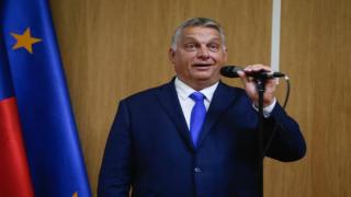 Hungarian Prime Minister Viktor Orban speaks during a press conference with his Polish and Czech counterparts at the Polish permanent representation in Brussels on September 24, 2020 after talks with top EU officials as the bloc tries to reform asylum rules five years after the continent was engulfed by a migrant crisis. - The group declared they reject the EU's new plan for handling migrants because it was not tough enough, dealing a blow to efforts to solve one of Europe's thorniest problems. (Photo by Aris Oikonomou / AFP) (Photo by ARIS OIKONOMOU/AFP via Getty Images)